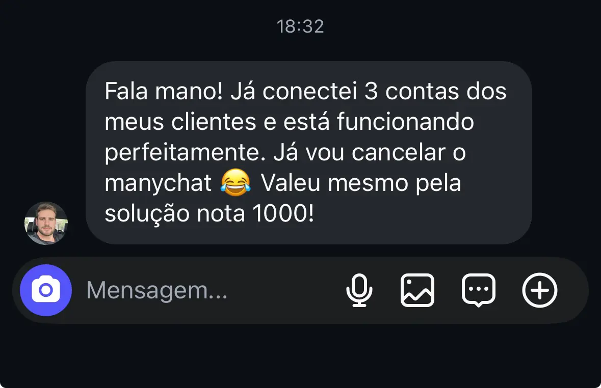 Cliente contando que conectou 3 contas de clientes e está funcionando