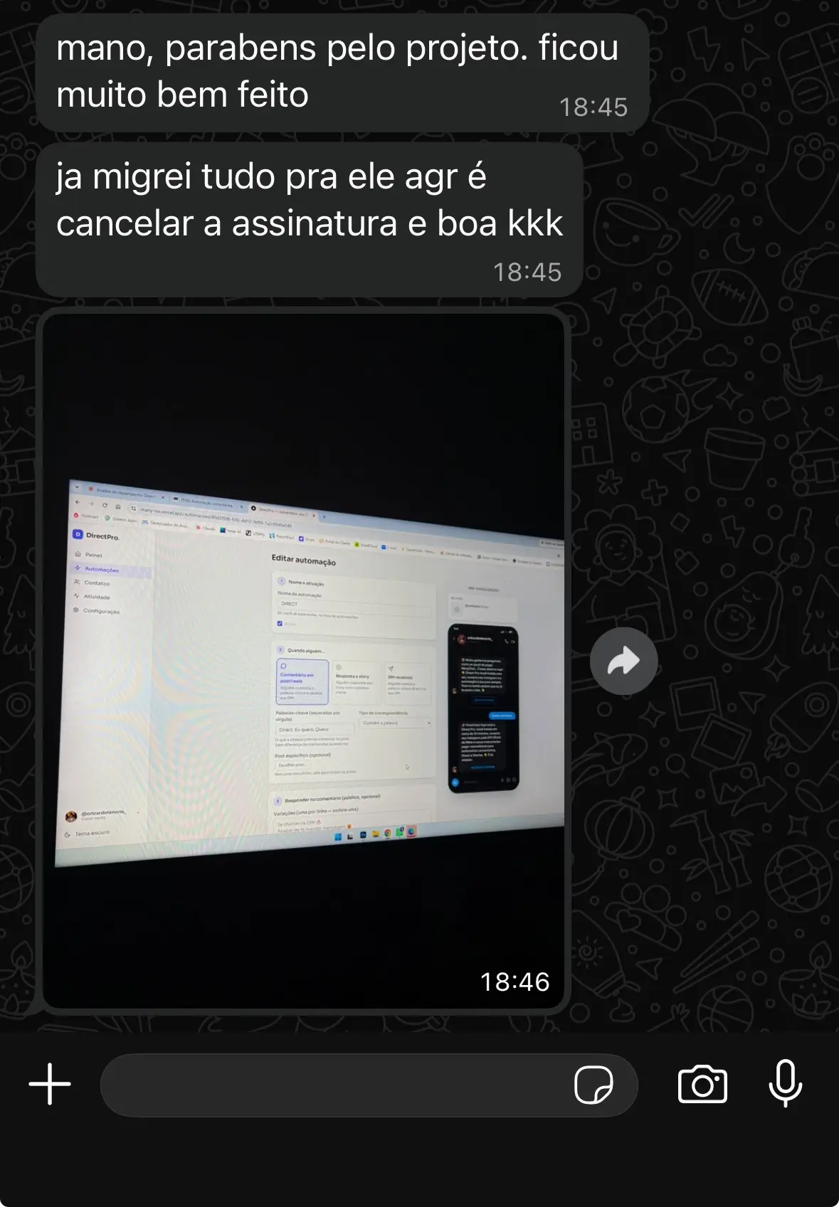 Cliente elogiando o projeto e contando que migrou tudo e vai cancelar a assinatura